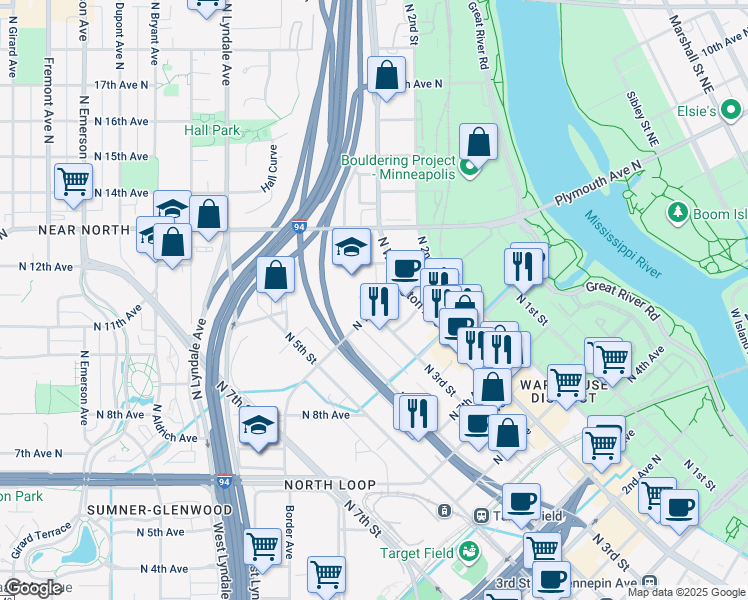 map of restaurants, bars, coffee shops, grocery stores, and more near 302 North 10th Avenue in Minneapolis