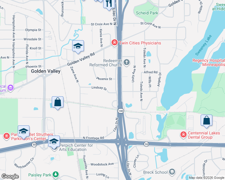 map of restaurants, bars, coffee shops, grocery stores, and more near 5537 Lindsay Street in Minneapolis