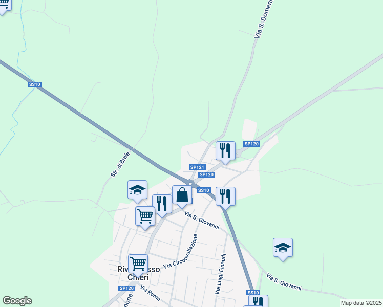 map of restaurants, bars, coffee shops, grocery stores, and more near 5 bis Via San Domenico Savio in Riva presso Chieri