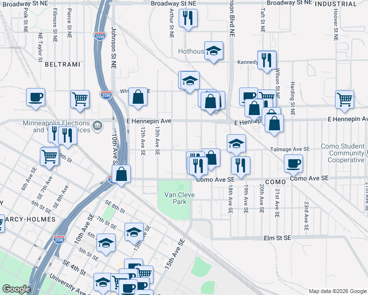 map of restaurants, bars, coffee shops, grocery stores, and more near 1057 15th Avenue Southeast in Minneapolis