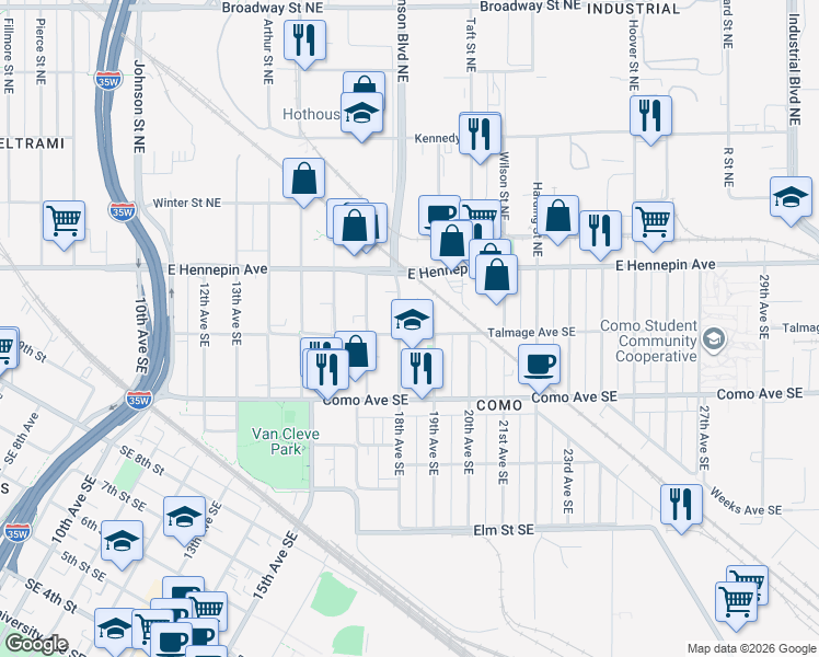 map of restaurants, bars, coffee shops, grocery stores, and more near 1803 Talmage Avenue Southeast in Minneapolis