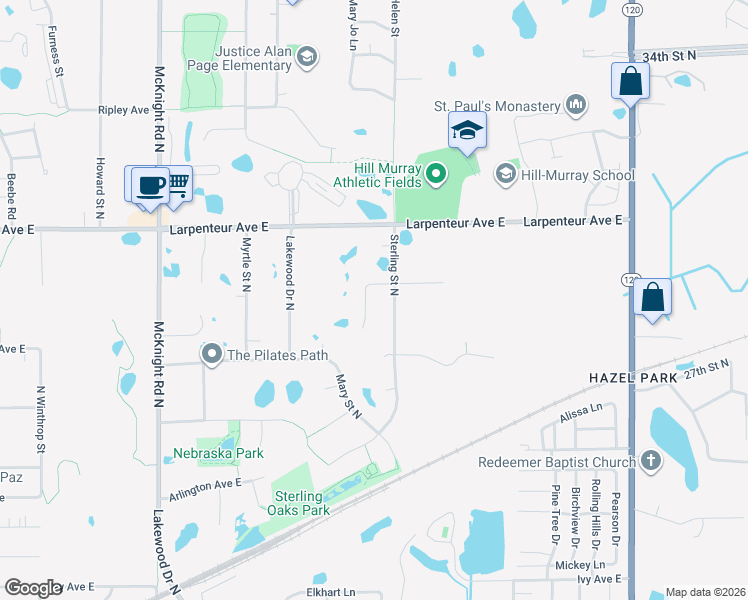 map of restaurants, bars, coffee shops, grocery stores, and more near 1593 Sterling Street North in Maplewood