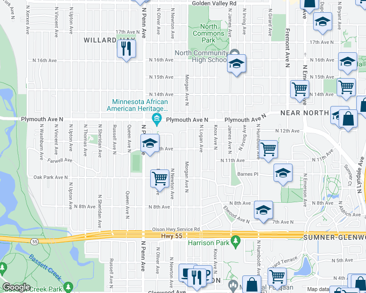 map of restaurants, bars, coffee shops, grocery stores, and more near 1120 North Morgan Avenue in Minneapolis