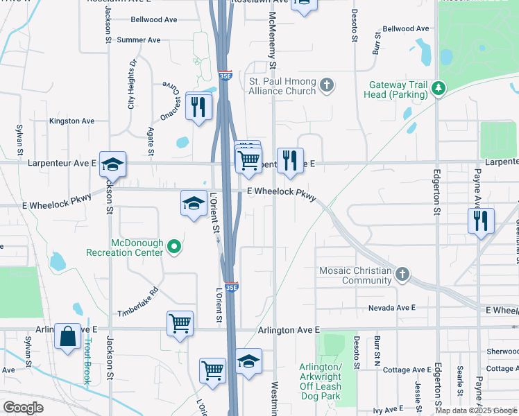 map of restaurants, bars, coffee shops, grocery stores, and more near 1610 Idaho Avenue East in Saint Paul