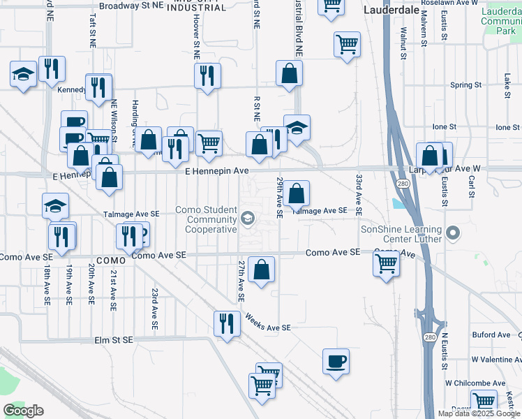 map of restaurants, bars, coffee shops, grocery stores, and more near 1030 27th Avenue Southeast in Minneapolis