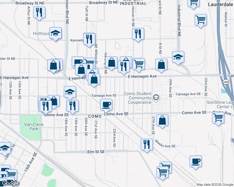 map of restaurants, bars, coffee shops, grocery stores, and more near 1049 23rd Avenue Southeast in Minneapolis