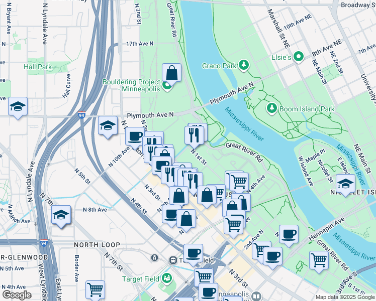 map of restaurants, bars, coffee shops, grocery stores, and more near 713 North 1st Street in Minneapolis