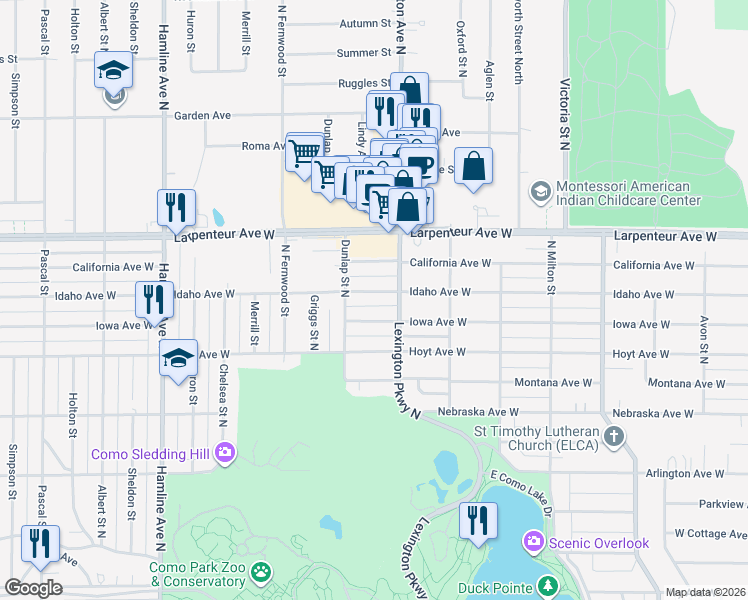 map of restaurants, bars, coffee shops, grocery stores, and more near 1109 Iowa Avenue West in Saint Paul