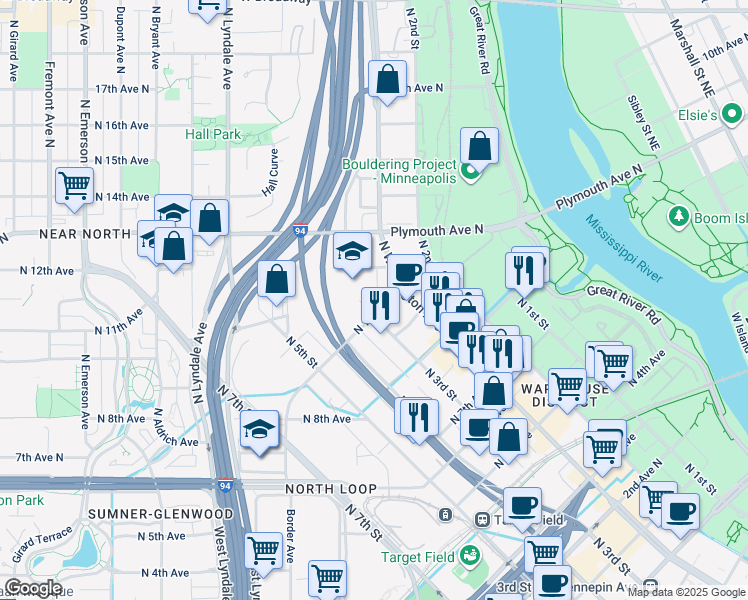 map of restaurants, bars, coffee shops, grocery stores, and more near 1020 North 3rd Street in Minneapolis