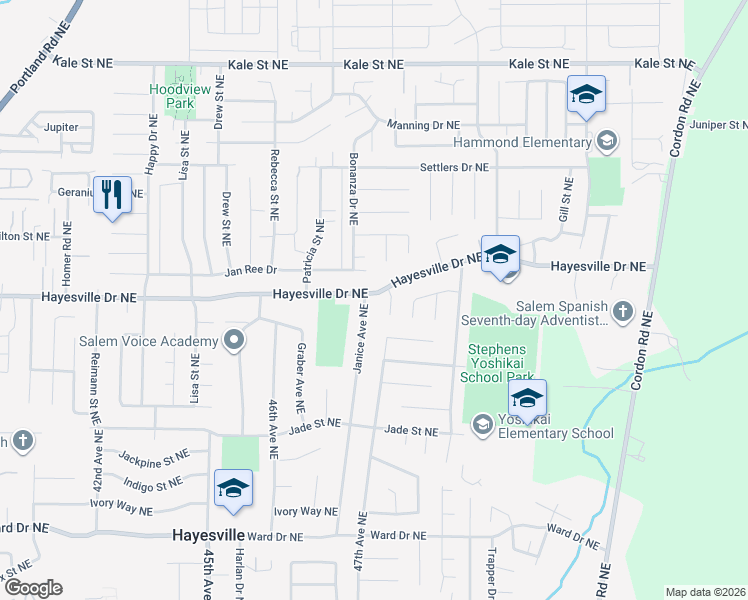 map of restaurants, bars, coffee shops, grocery stores, and more near 4675 Hayesville Court Northeast in Salem