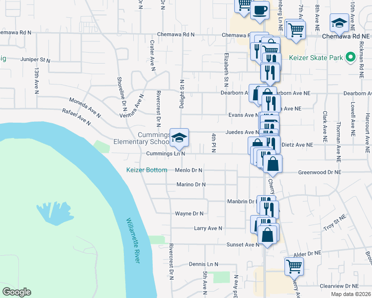 map of restaurants, bars, coffee shops, grocery stores, and more near 522 Cummings Lane North in Keizer