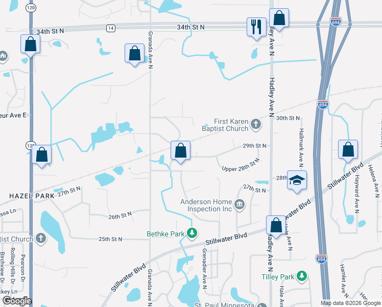 map of restaurants, bars, coffee shops, grocery stores, and more near 6657 29th Street North in Oakdale