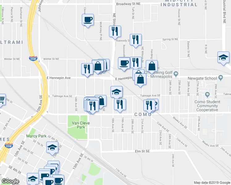 map of restaurants, bars, coffee shops, grocery stores, and more near 1803 Talmage Avenue Southeast in Minneapolis