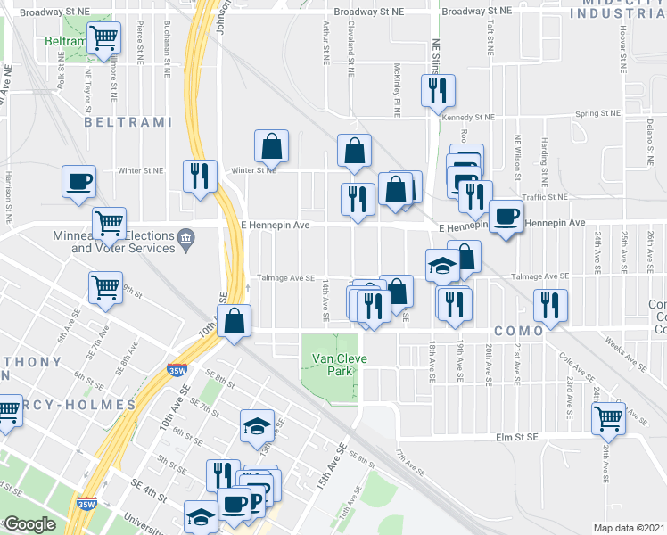 map of restaurants, bars, coffee shops, grocery stores, and more near 1057 15th Avenue Southeast in Minneapolis