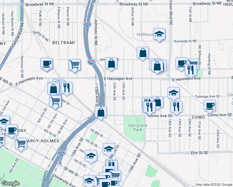 map of restaurants, bars, coffee shops, grocery stores, and more near 1057 13th Avenue Southeast in Minneapolis