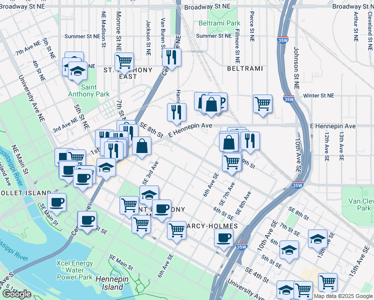 map of restaurants, bars, coffee shops, grocery stores, and more near 420 Southeast 8th Street in Minneapolis