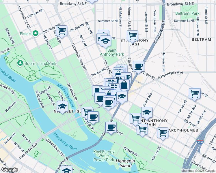 map of restaurants, bars, coffee shops, grocery stores, and more near 31 4th Street Northeast in Minneapolis
