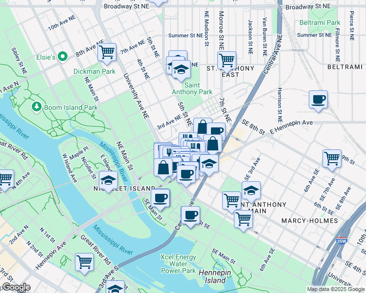 map of restaurants, bars, coffee shops, grocery stores, and more near 309 1st Avenue Northeast in Minneapolis