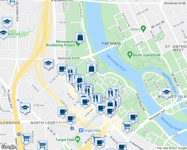 map of restaurants, bars, coffee shops, grocery stores, and more near 700 North 1st Street in Minneapolis