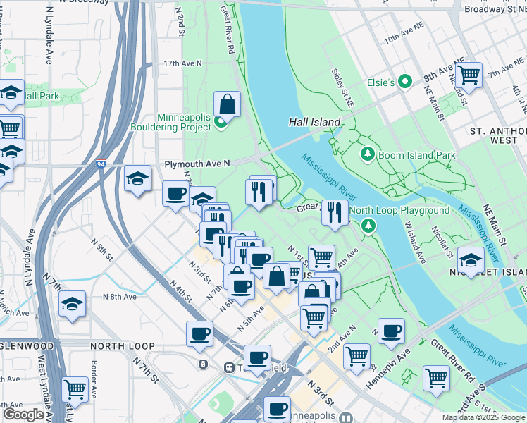 map of restaurants, bars, coffee shops, grocery stores, and more near 700 North 1st Street in Minneapolis