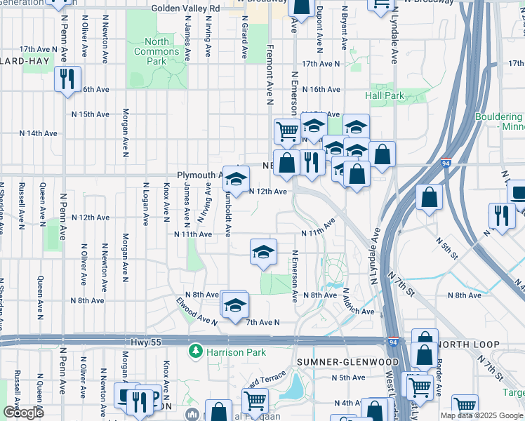 map of restaurants, bars, coffee shops, grocery stores, and more near 1101 North Fremont Avenue in Minneapolis
