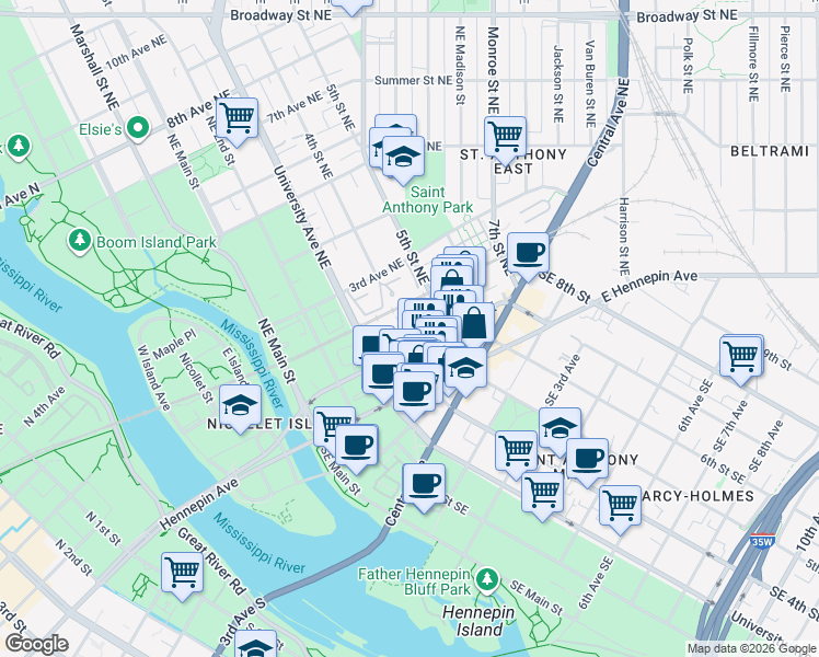 map of restaurants, bars, coffee shops, grocery stores, and more near 401 1st Avenue Northeast in Minneapolis