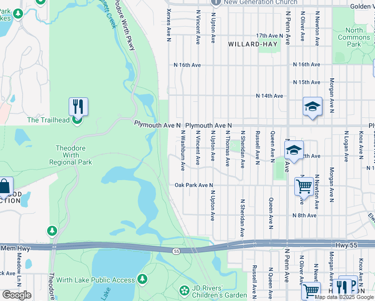 map of restaurants, bars, coffee shops, grocery stores, and more near 1121 North Vincent Avenue in Minneapolis
