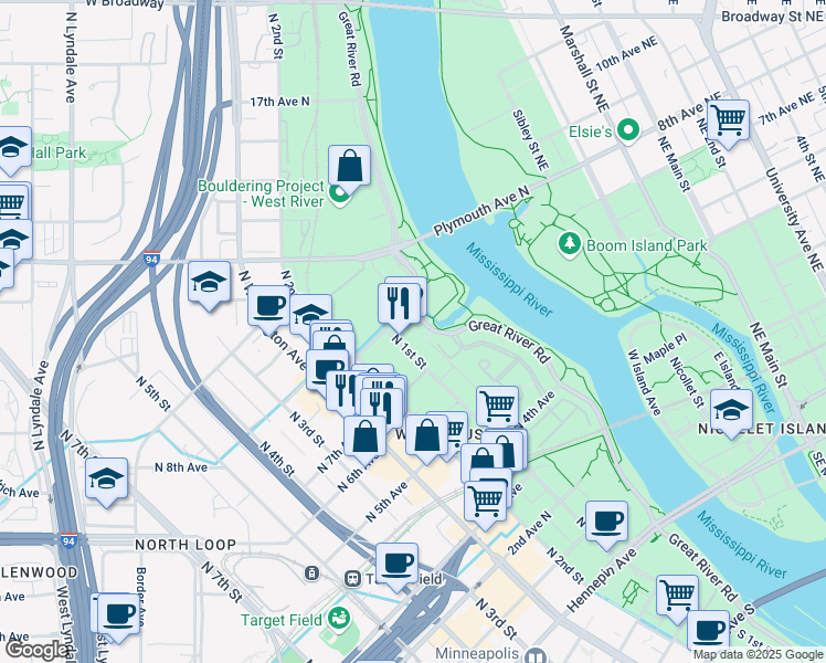 map of restaurants, bars, coffee shops, grocery stores, and more near 700 North 1st Street in Minneapolis