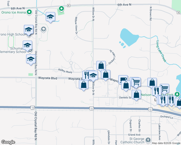 map of restaurants, bars, coffee shops, grocery stores, and more near 2420 West Industrial Boulevard in Long Lake