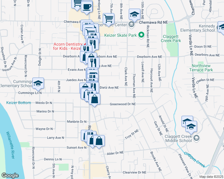 map of restaurants, bars, coffee shops, grocery stores, and more near 770 Dietz Avenue Northeast in Keizer