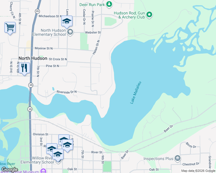 map of restaurants, bars, coffee shops, grocery stores, and more near 1152 Riverside Drive North in Hudson