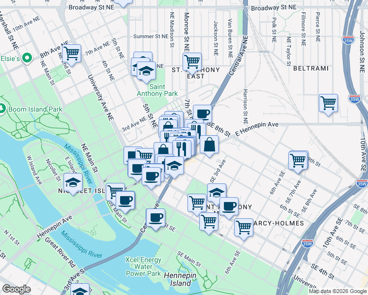 map of restaurants, bars, coffee shops, grocery stores, and more near 20 6th Street Northeast in Minneapolis