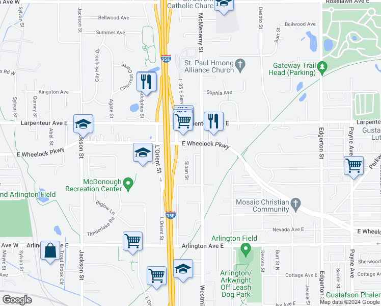map of restaurants, bars, coffee shops, grocery stores, and more near 1620 Sloan Street in Saint Paul