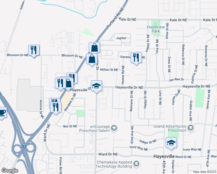 map of restaurants, bars, coffee shops, grocery stores, and more near 4672-4682 Lancaster Drive Northeast in Salem