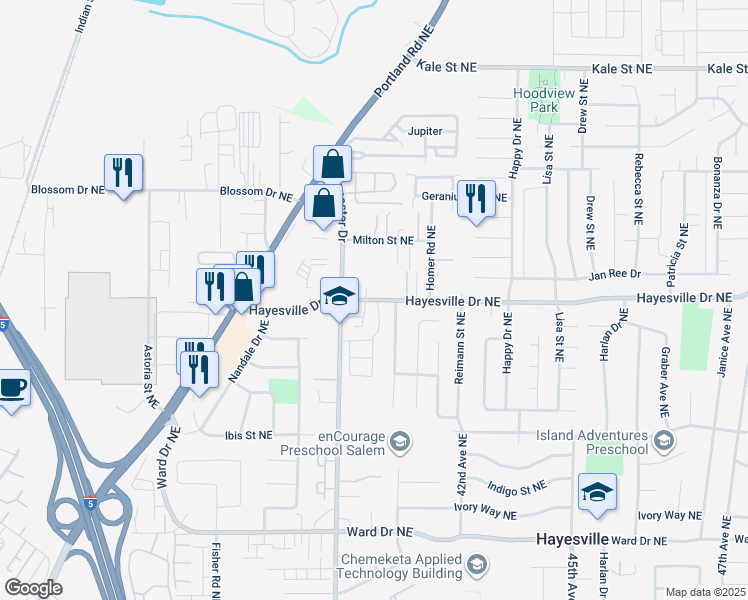 map of restaurants, bars, coffee shops, grocery stores, and more near 4672-4682 Lancaster Drive Northeast in Salem