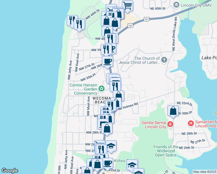 map of restaurants, bars, coffee shops, grocery stores, and more near 3321 U.S. 101 in Lincoln City