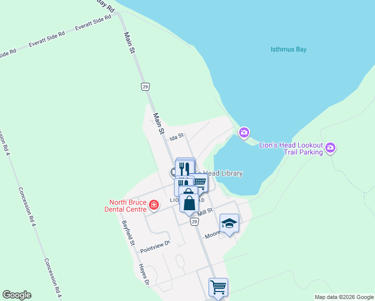 map of restaurants, bars, coffee shops, grocery stores, and more near 32 Helen Street in Lion's Head