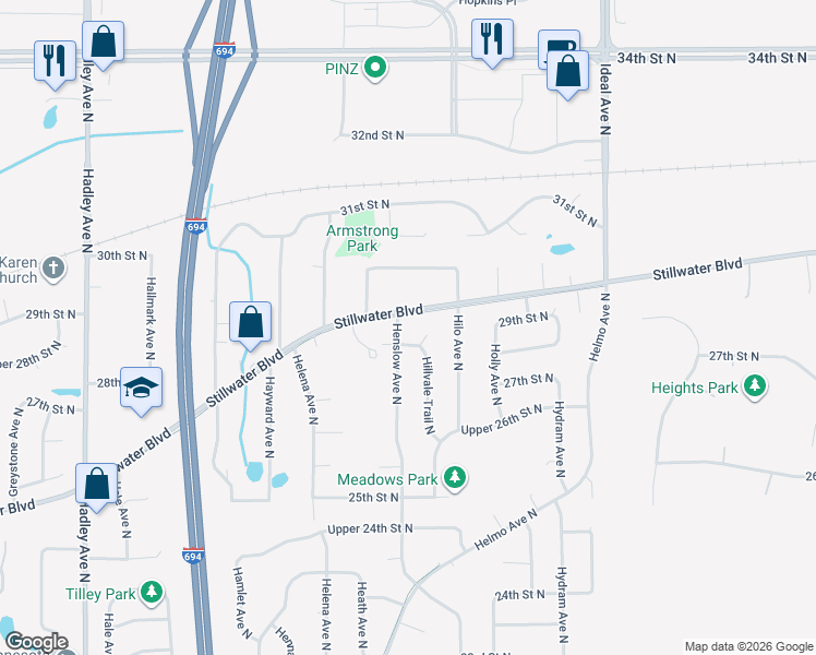 map of restaurants, bars, coffee shops, grocery stores, and more near 2839 Henslow Avenue North in Oakdale