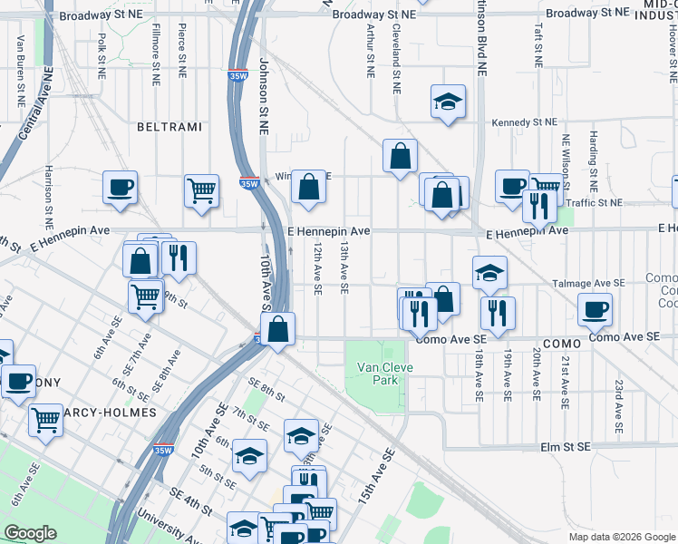 map of restaurants, bars, coffee shops, grocery stores, and more near 1057 13th Avenue Southeast in Minneapolis