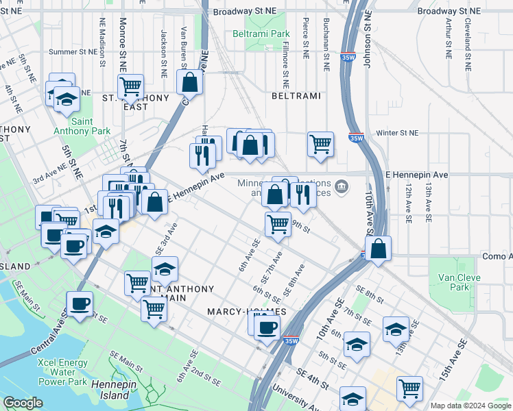 map of restaurants, bars, coffee shops, grocery stores, and more near 509 Southeast 8th Street in Minneapolis