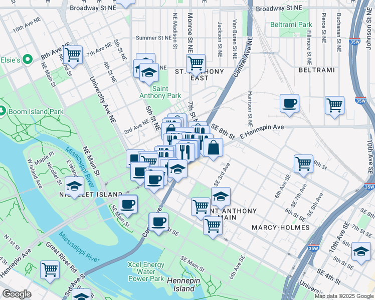 map of restaurants, bars, coffee shops, grocery stores, and more near in Minneapolis