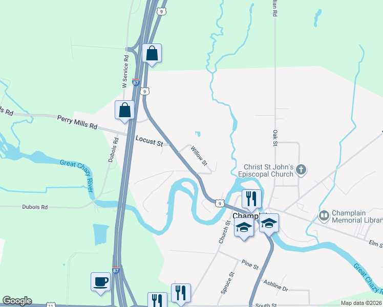 map of restaurants, bars, coffee shops, grocery stores, and more near 1242 Main Street in Champlain