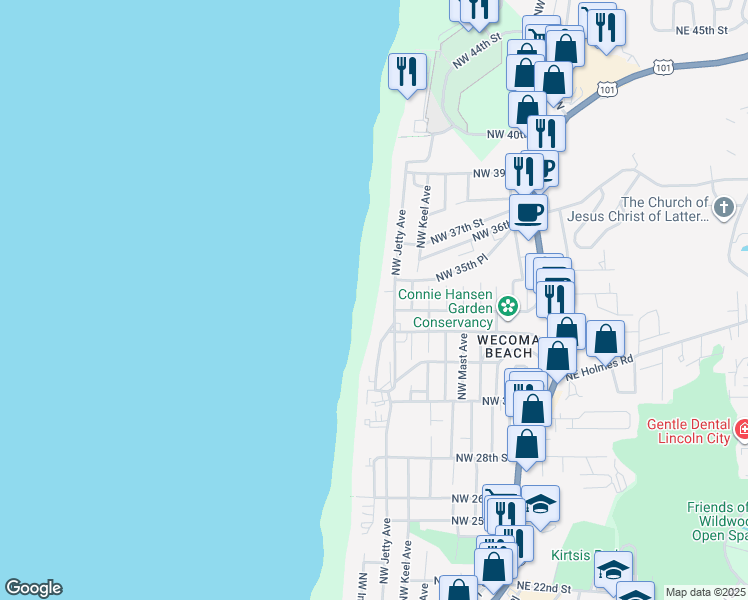 map of restaurants, bars, coffee shops, grocery stores, and more near 3259 Northwest Jetty Avenue in Lincoln City