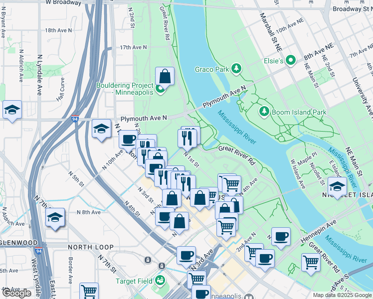 map of restaurants, bars, coffee shops, grocery stores, and more near 724 North 1st Street in Minneapolis