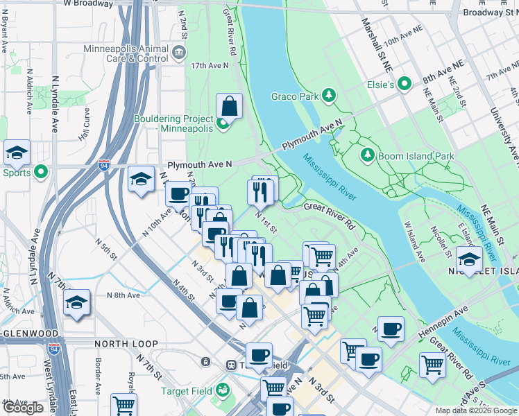 map of restaurants, bars, coffee shops, grocery stores, and more near 724 North 1st Street in Minneapolis