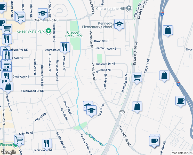 map of restaurants, bars, coffee shops, grocery stores, and more near 4598 Verda Lane Northeast in Keizer