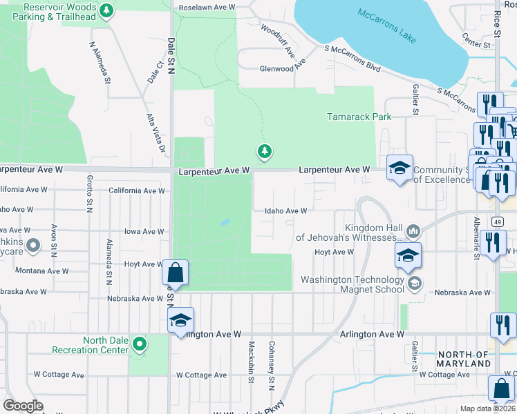 map of restaurants, bars, coffee shops, grocery stores, and more near 1601 Cohansey Street North in Saint Paul