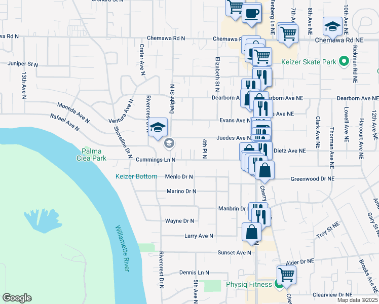 map of restaurants, bars, coffee shops, grocery stores, and more near 4519 Gracie Lane North in Keizer