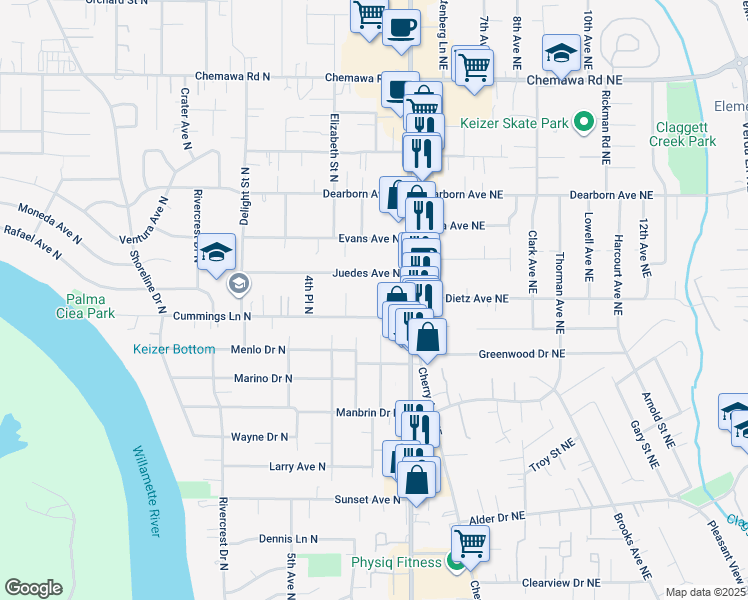 map of restaurants, bars, coffee shops, grocery stores, and more near 252 Cummings Lane North in Keizer