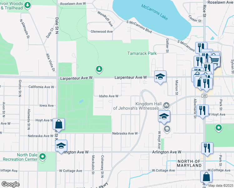 map of restaurants, bars, coffee shops, grocery stores, and more near 1600 Arundel Street in Saint Paul